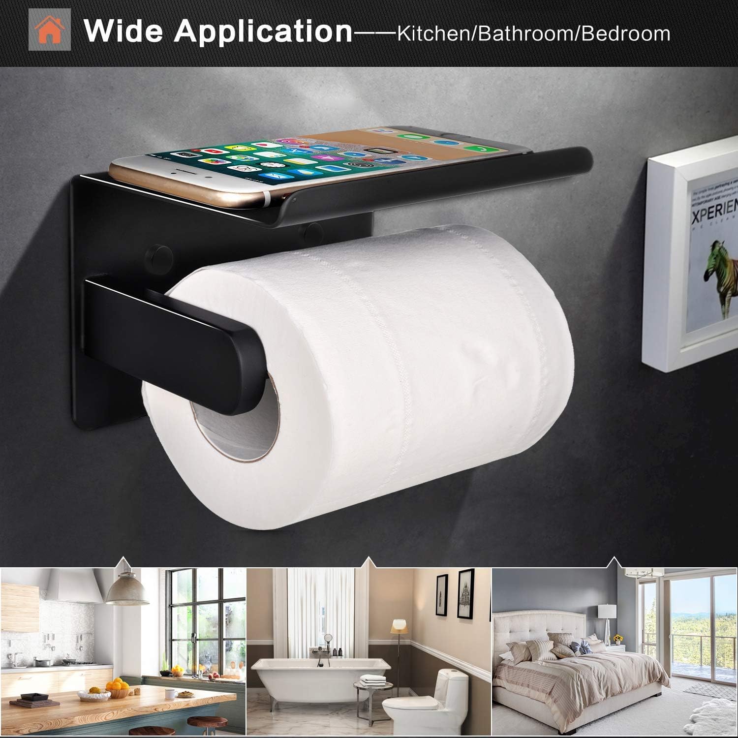 Tindbea Toilet Paper Holder with Shelf + Towel Robe Hooks, Adhesive or Screw Wall Mounted Toilet Paper Roll Holder, Stainless Steel Bathroom Hardware Set (Matte Black): Kitchen & Dining