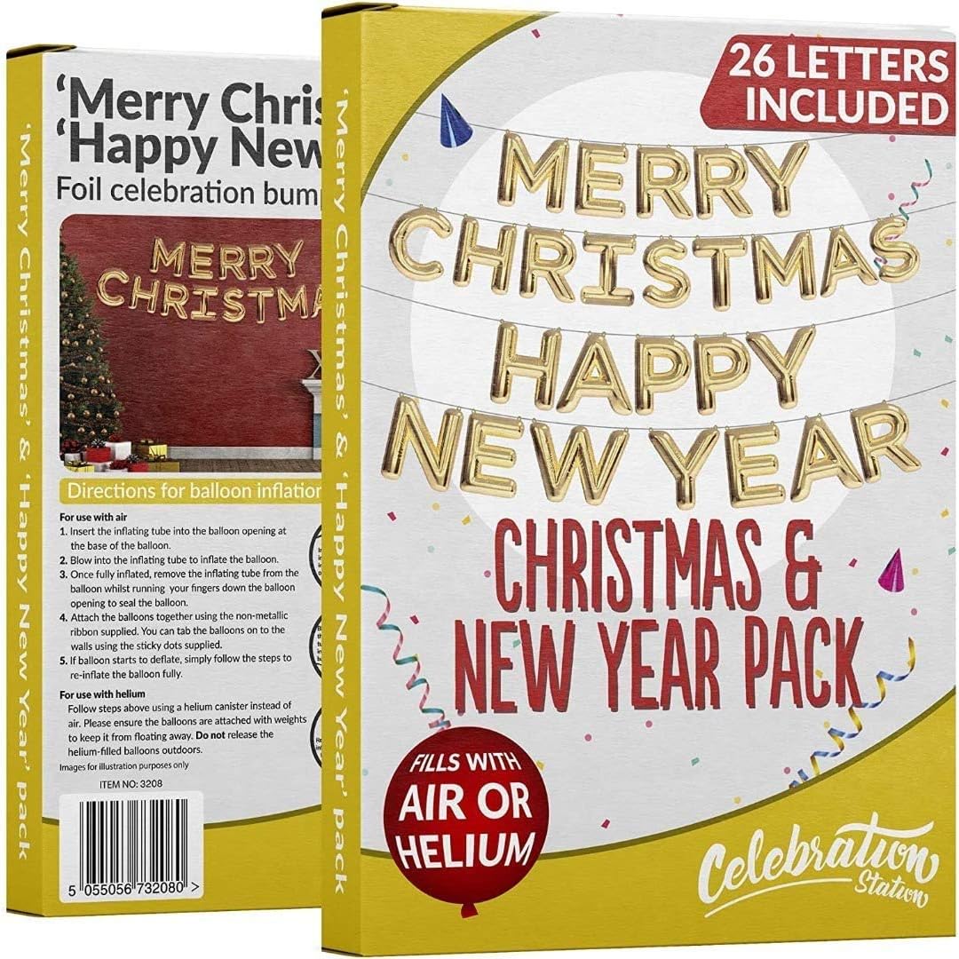 Christmas & New Year Balloon Bundle for Winter Holiday Parties Metallic Gold Decoration with Attractive 14 Piece Merry Christmas & 12 Piece Happy New Year Balloon Kit Suitable for Helium or Air