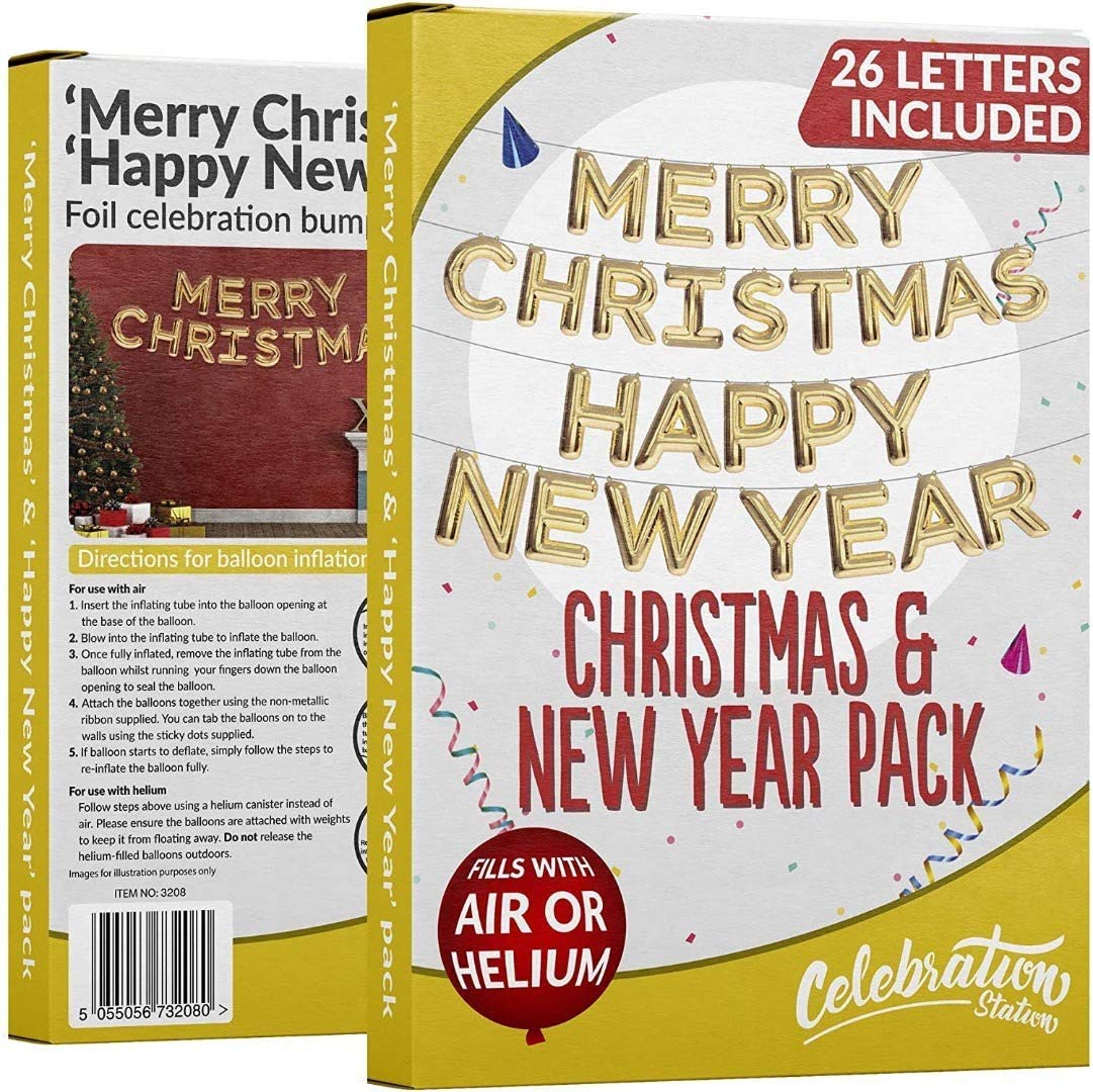 Christmas & New Year Balloon Bundle for Winter Holiday Parties Metallic Gold Decoration with Attractive 14 Piece Merry Christmas & 12 Piece Happy New Year Balloon Kit Suitable for Helium or Air