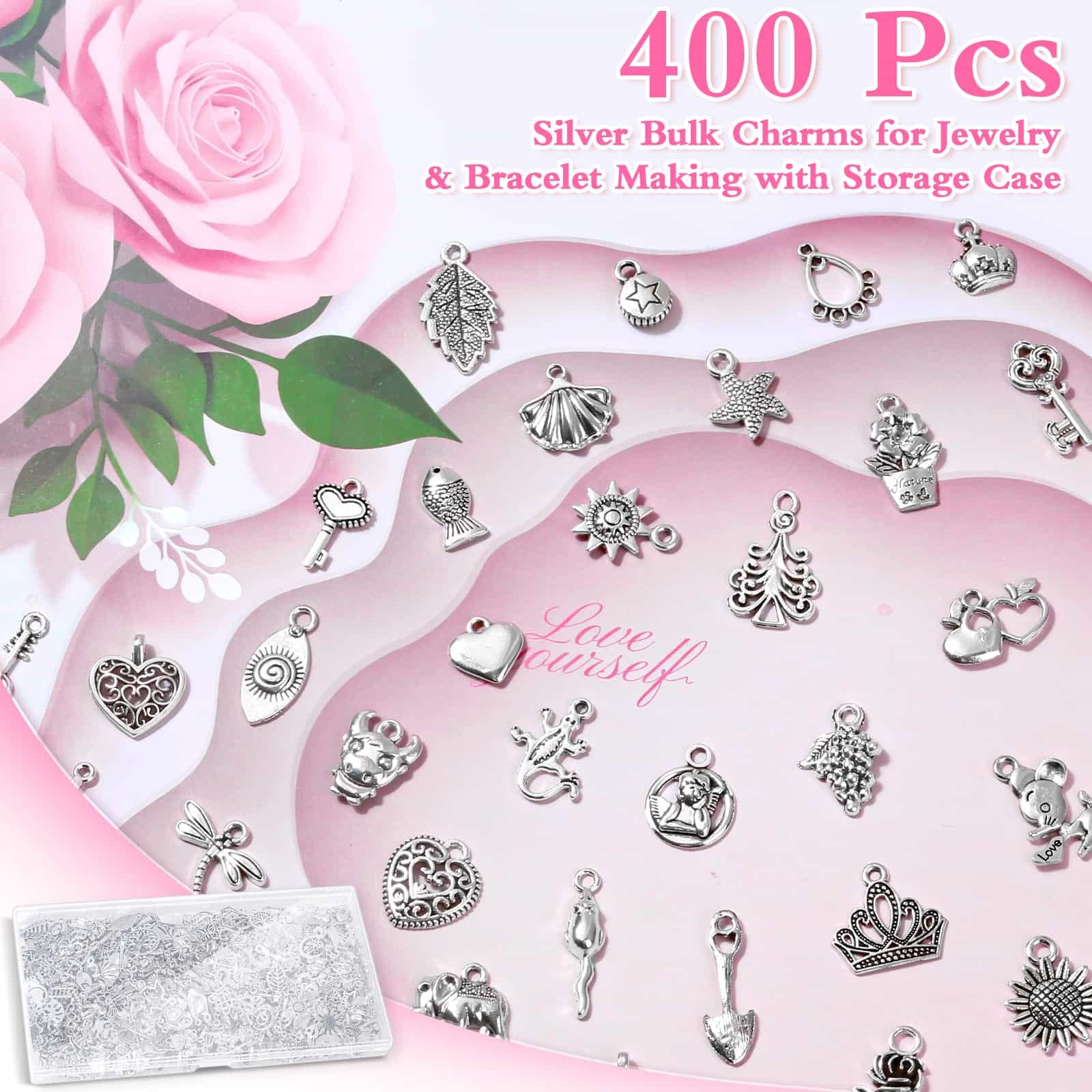 400 Pcs Silver Charms for Jewelry Making, Wholesale Bulk Lots Tiny Assorted Mixed Tibetan Silver Metal Pendants for DIY Necklace Bracelet Making and Crafting
