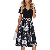 Women's Elegant Criss-Cross V Neck Vintage Short Sleeve Work Casual Fit and Flare Tea Dress with Pockets 980