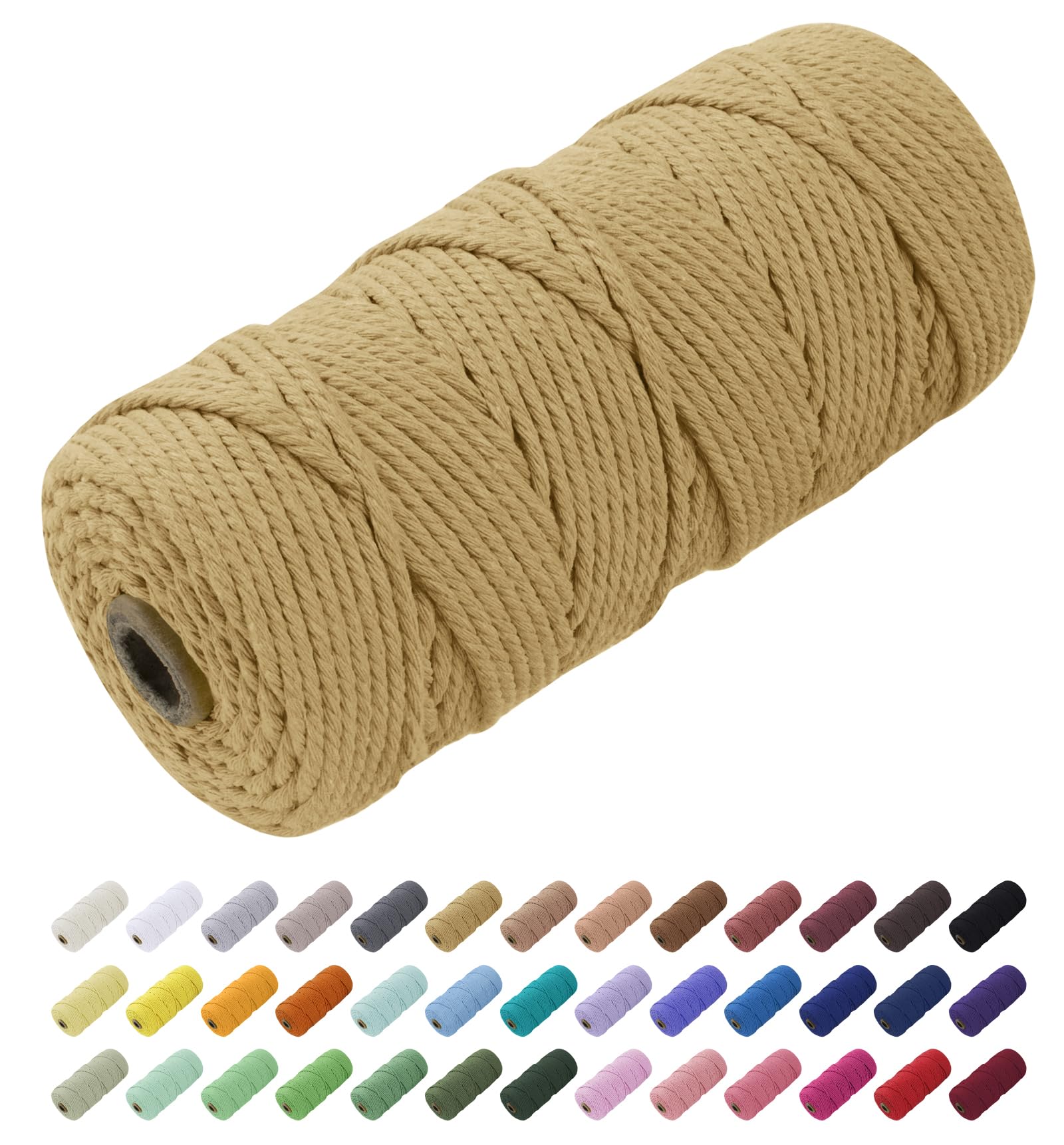Uiopa Macrame Cord 3mm x 100m, Thick Rope Yarn Natural Cotton Cord, 4-Ply Macrame String for DIY Crafts, Plant Hangers, Wall Hangings, Decorations (Coffee)