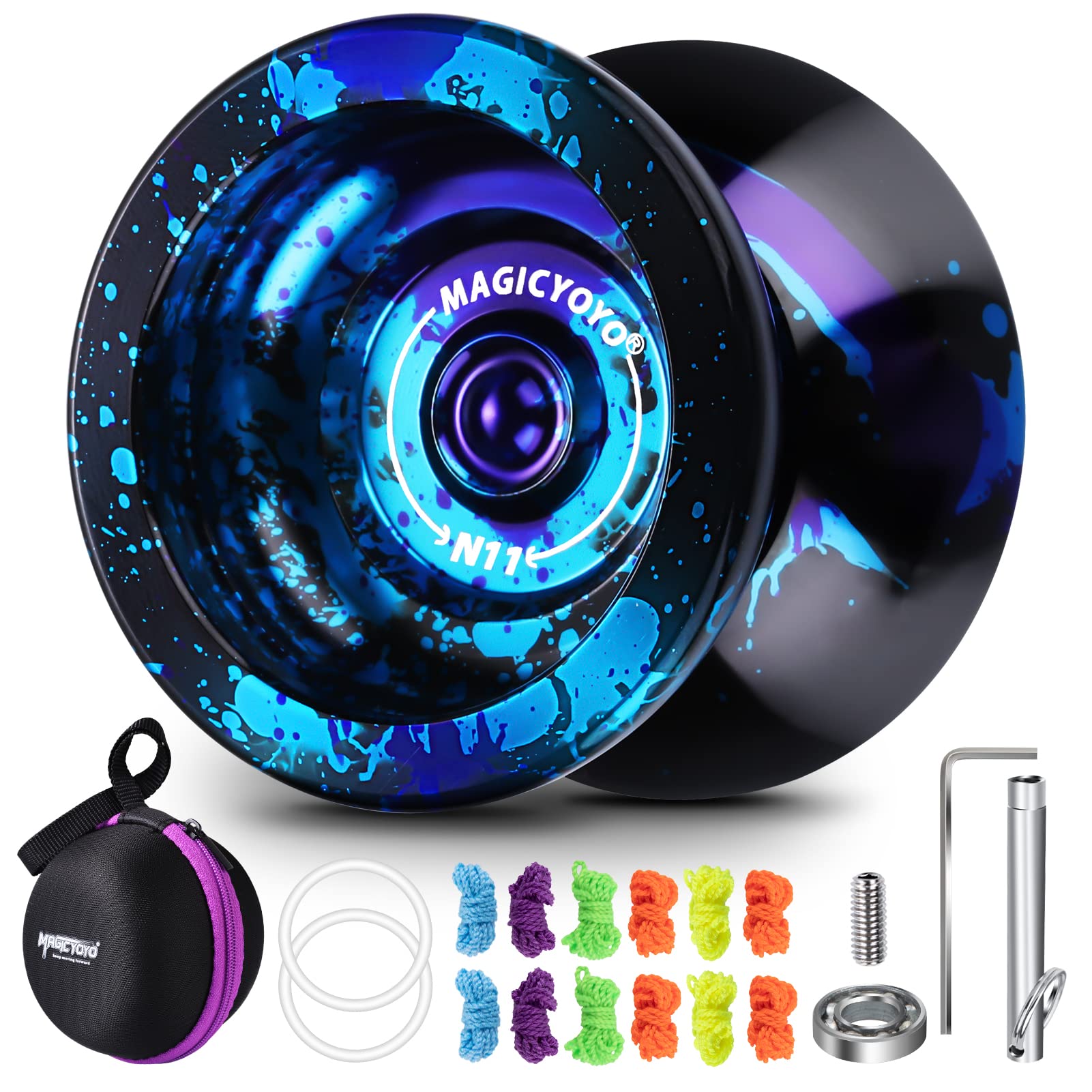 MAGICYOYO Yoyo N11 Professional Unresponsive Yoyo, Dual Function Alloy Metal YoYo for Beginner Adults, Trick Yo Yo with Flat Bearing + Axle + Bearing Removal Tool + Storage Bag + 12 Yo Yo Strings