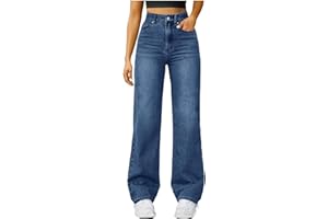 Jean pour femme taille haute coupe droite jambe large ample extensible baggy décontracté contrôle du ventre avec poche