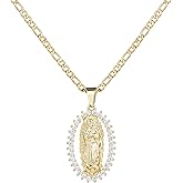 yipima Virgin Mary Necklace for Women 14K Gold Plated Our Lady of Guadalupe Mother Mary Pendant Oval Zircon Inlay Charm Figaro Chain Necklaces Catholic Gift