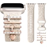 DaQin Flower Engraved Band Compatible with Apple Watch Bands for Women 40mm 38mm 41mm 42mm, Soft Silicone Strap With Dressy Decorative Apple Watch Charms for iWatch Series 11 10 9 8 7 6 5 4 3 2 1 SE
