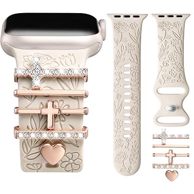 DaQin Flower Engraved Band Compatible with Apple Watch Bands for Women 40mm 38mm 41mm 42mm, Soft Silicone Strap With Dressy Decorative Apple Watch Charms for iWatch Series 11 10 9 8 7 6 5 4 3 2 1 SE