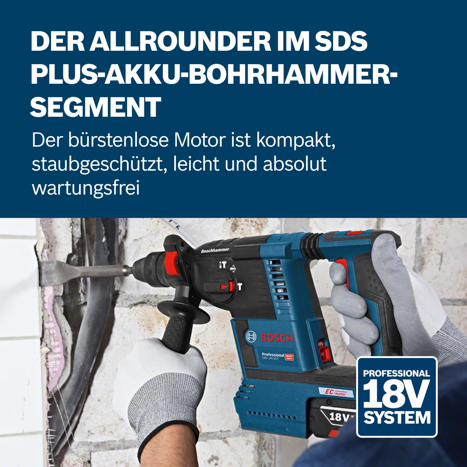 Bosch Professional 18V System Akku Bohrhammer GBH 18V-26 (SDS Plus, Bohr-Ø max: Beton/Stahl/Holz 26/13/30mm, inkl. Zusatzhandgriff, Tiefenanschlag 210mm, Maschinentuch, L-BOXX, ohne Akku/Ladegerät) 3