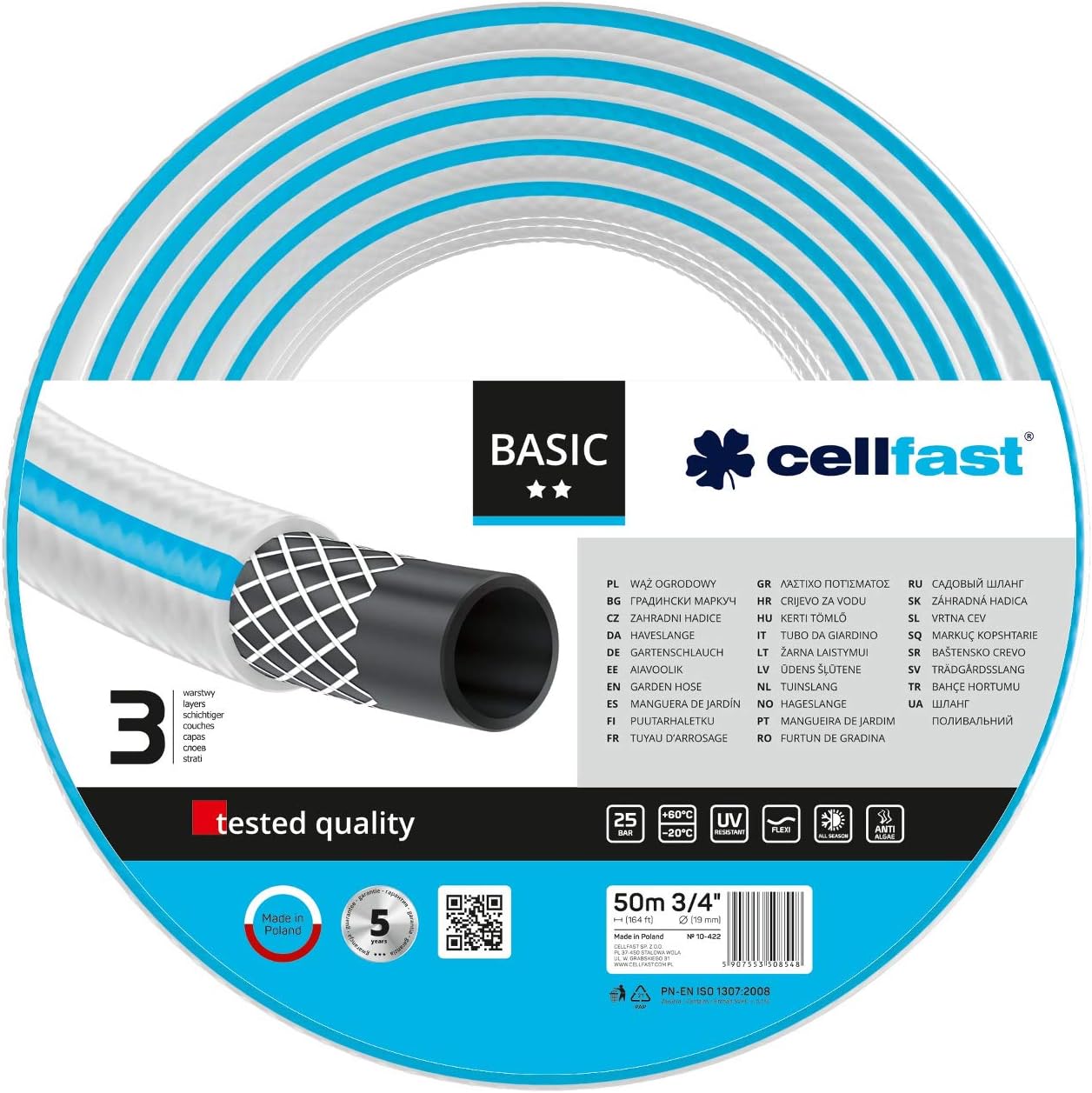Cellfast Garden Hose BASIC 3/4” 50m, Flexible and Three-layer Hose, Resistance to UV, Internal Part Resistant to Algae, 10-422, Blue