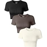 OQQ Women's 3 Piece Crop Tops Crew Neck Shorts Sleeve Stretch Fitted Shirts Crop Tops