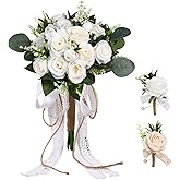 Alupssuc 8inch Wedding Bouquets Set for Bride and Bridesmaid with Groom Boutonniere, Artificial Silk Ivory Rose Flowers, Bridal Bouquet for Wedding Church Decoration