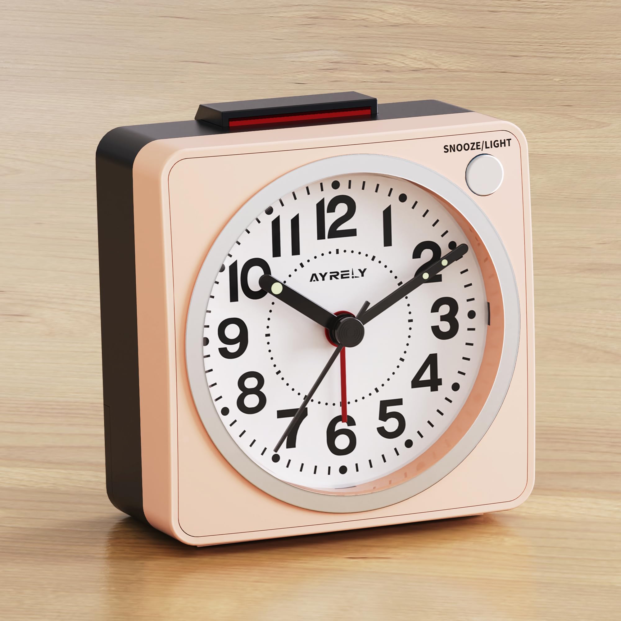 AYRELY® 6.6×3.5cm Ultra Small Analogue Travel Alarm Clock, Silent Non-Ticking, Battery Operated with Snooze & Light, Easy Top Alarm Switch, Compact Bedside Table Clock (Pink)