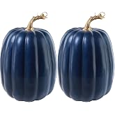 Winlyn 2 Pcs Large Artificial Pumpkins Navy Blue Decorative Pumpkins Big Faux Foam Pumpkins 8.7" for Halloween Fall Harvest Party Wedding Baby Shower Thanksgiving Home Kitchen Table Mantel D&eacute;cor