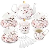 fanquare 21 Pieces British Porcelain Tea Set with Gold Trim, Pink Autumn Leaves Floral Tea Sets for Women Tea Party, 6 Teacup and Saucers for Coffee Home Wedding
