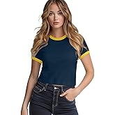 Zengjo Ringer Tee Women Crewneck Short Sleeve Plain Retro T-Shirt Crop Top