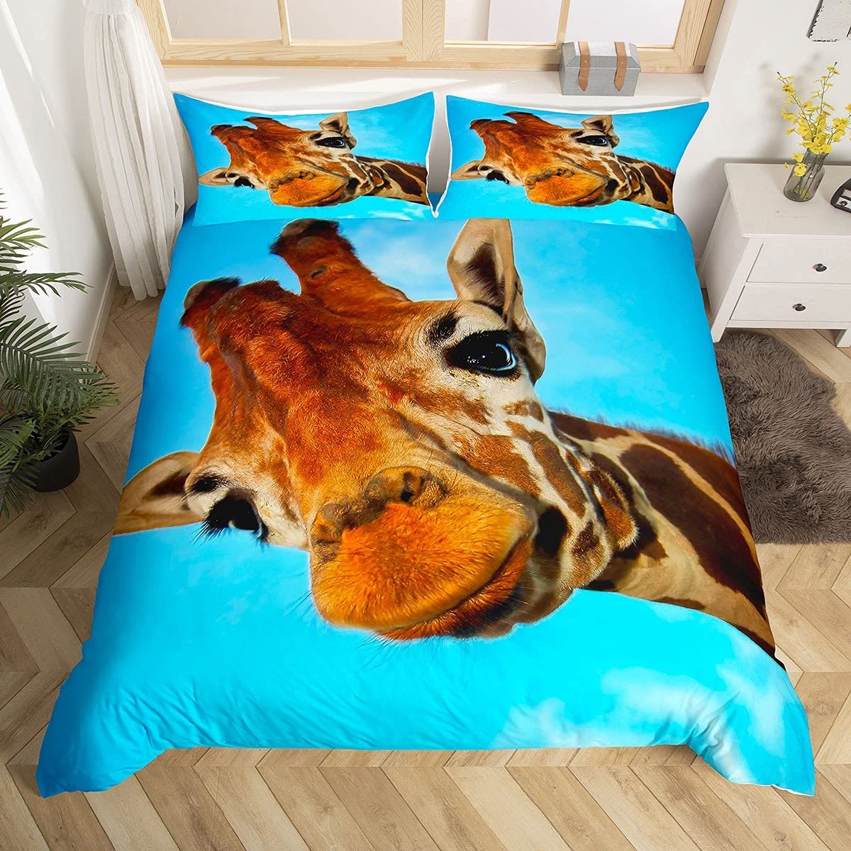 Loussiesd Giraffe Duvet Cover Set Single for Girls Boys 3D Safari Wild Animals Bedding Set African Wildlife Print Comforter Cover Blue Brown Bedspread Cover Microfiber Quilt Cover Zipper Cute 2 Pcs