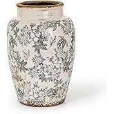 Sungmor Ceramic Flower Vase, Vintage Ice Cracked Glaze Porcelain Vase, Pretty Home Decor Vase for Flower Arrangement, Fresh Flowers, 10.2 Inch Tall Chinoiserie Pottery Vase, Gray Floral Pattern