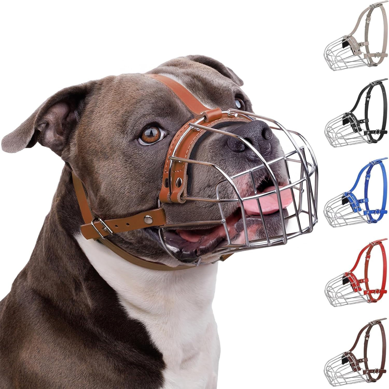 BRONZEDOG Pitbull Dog Muzzle Breathable Metal Basket for Large Dogs Amstaff Staffordshire Terrier Biting Chewing Barking (one size, Leather Brown)