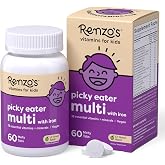 Renzo's Picky Eater Kids Multivitamin with Iron, Dissolvable Tabs, 60-Count | 18 Essential Vitamins &amp; Minerals, Clean Label, Sugar-Free, Vitamin B12, B6, A, C, D, E &amp; K, Apple Flavor, 1-2 Month Supply