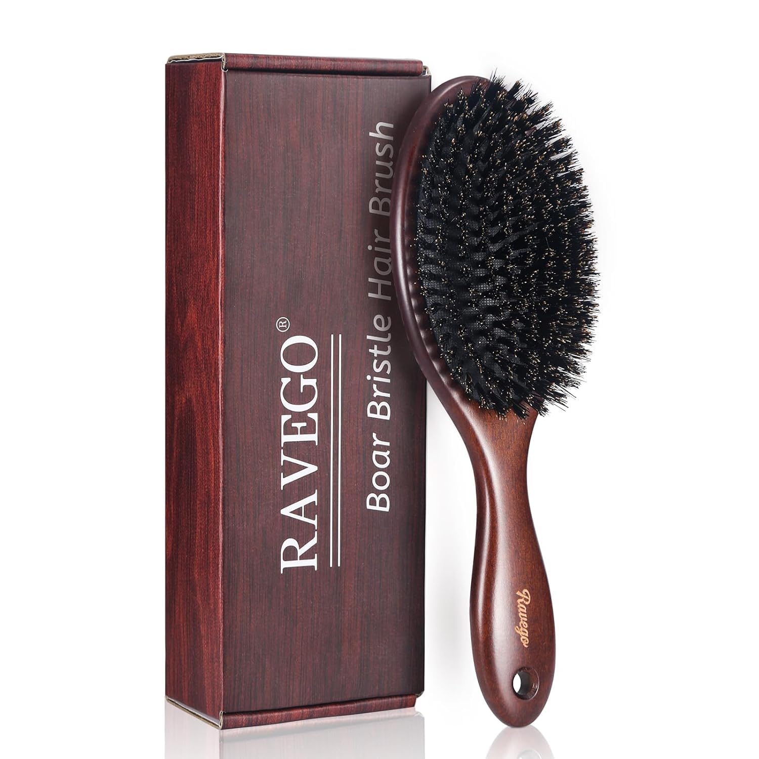RAVEGO Boar Bristle Hair Brush, Detangles & Styles Fine, Frizzy Hair, Brown Wooden Handle, Unisex Adult, Women, Men, Children (Boar Bristle) — image 1