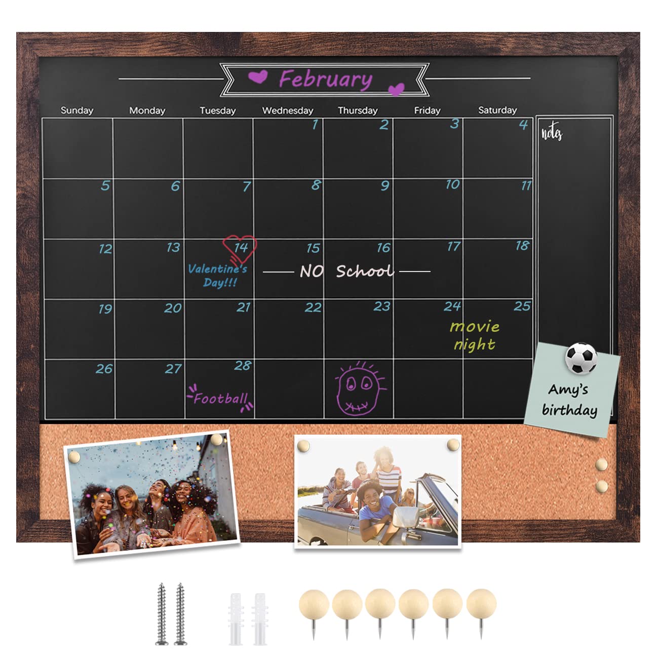 Umtiti Chalkboard Calendar and Bulletin Combo Board. Brown Solid Wood Frame，Magnetic Surface Chalkboard.Perfect for Office, Home School Message Board，BN-4555A