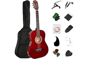 BESYOU 38in Beginner Acoustic Travel Guitar Basic Starter Kit Tuner Capo Strings Winders Strap Picks Pickguard with Gig Bag Starter Practice Guitar For Kids Teens Students Adults