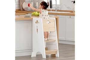 COSYLAND Toddler Standing Tower Adjustable Height - Super Stable Toddler Kitchen Stool Helper - 3 Levels Adjustable Wooden Kids Kitchen Stool (Natural & White)