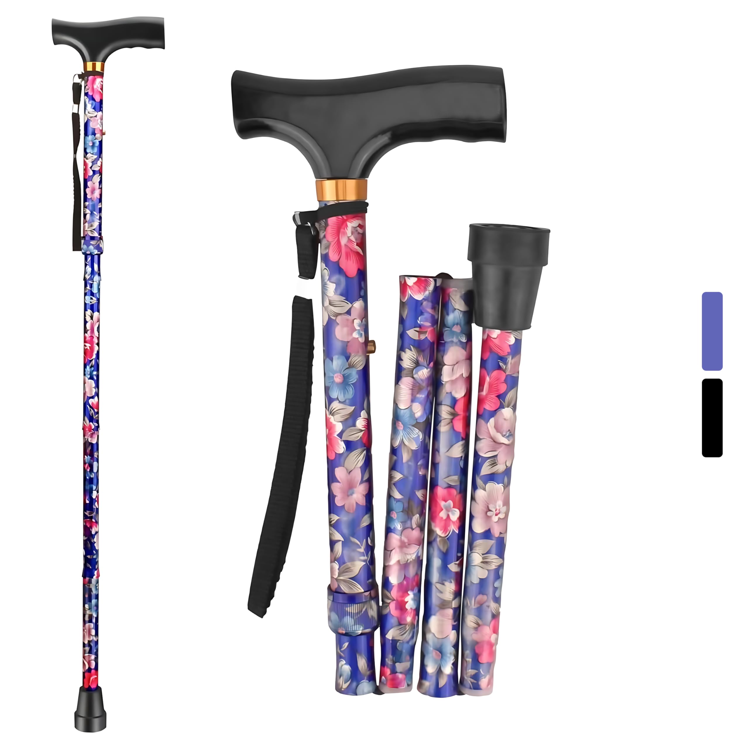 ALOCH Walking Stick – Adjustable Folding Walking Sticks for Women & Men with Rubber Ends, Lightweight Collapsible Cane – Foldable Travel Walking Aid (Purple Flower)