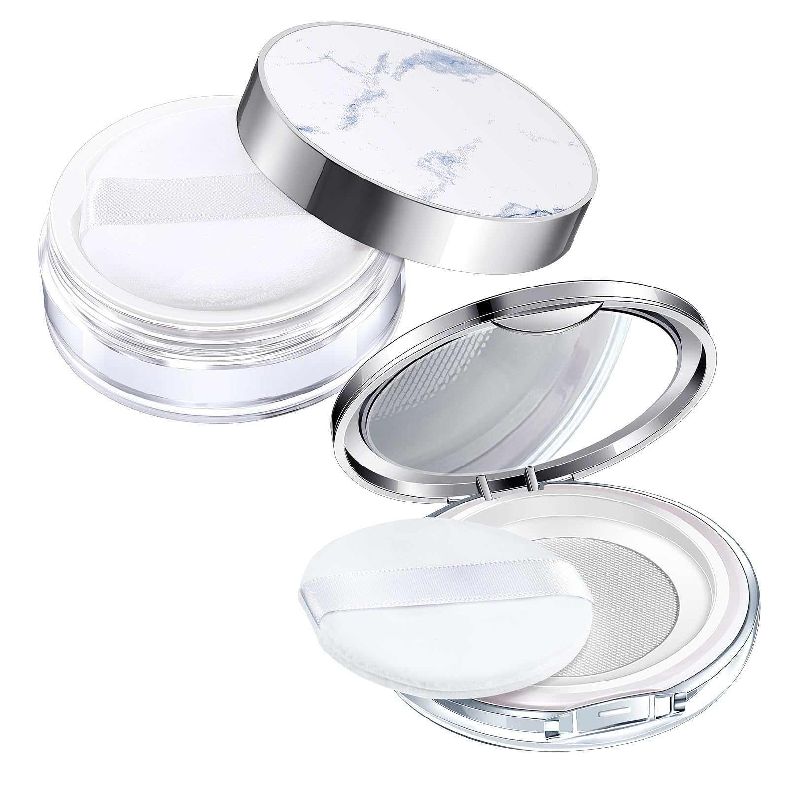 Photo 1 of Cunhill 2 Pcs Loose Powder Container with Puff 0.17/0.7 oz Reusable Plastic Empty Case Portable DIY Makeup Powder Container Compact Case with Mirror and Net Sifter(Silver,Marble)