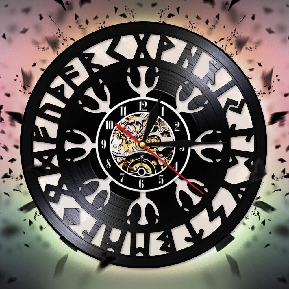 With LED-Reloj de pared con brújula vikinga, reloj de pared con disco