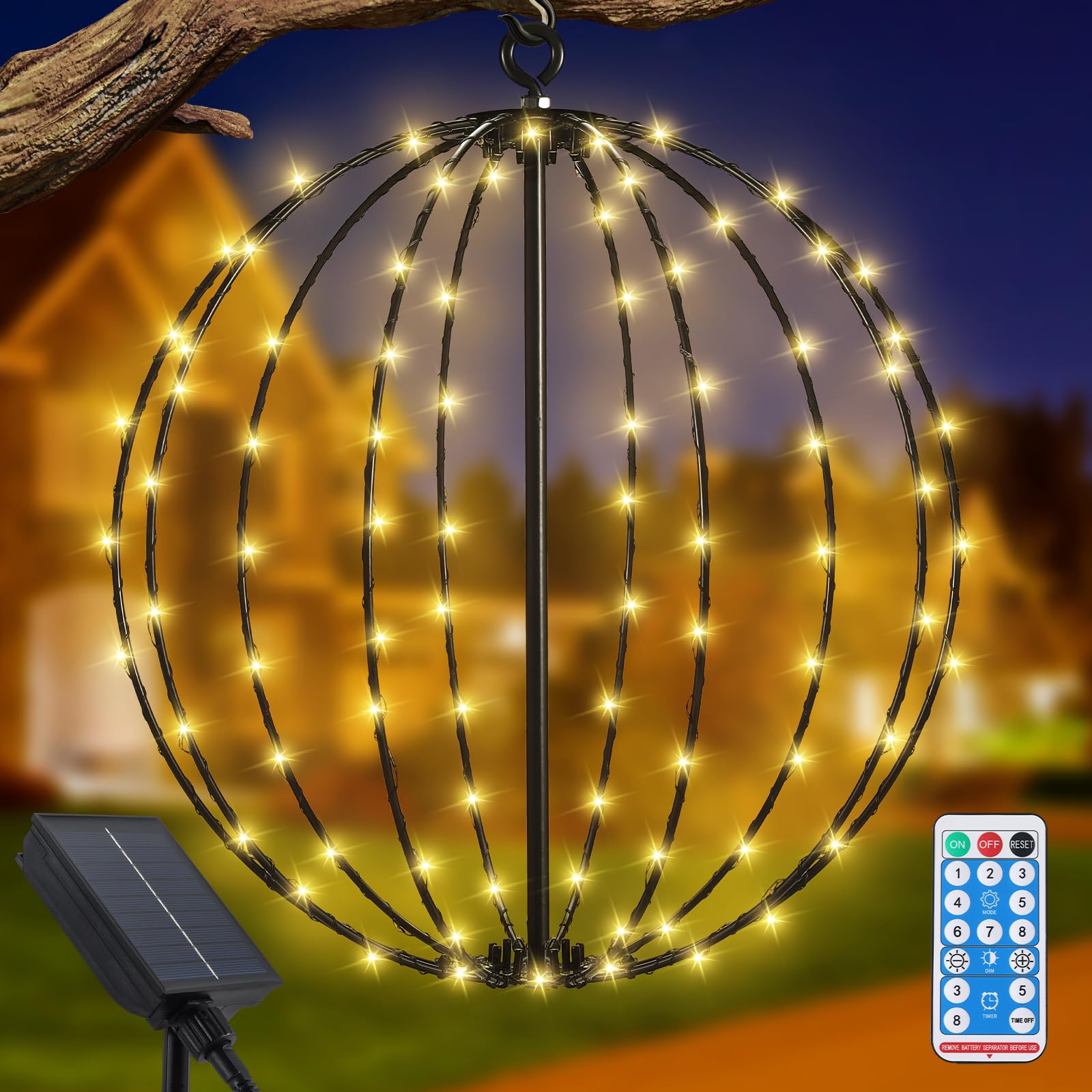 JIMACRO Solar Hanging Garden Light Outdoor, 120 LEDs Waterproof Metal Solar Hanging Lanterns, 11.8inch Large Solar Globe Lights Spherical Christmas Decorative Light for Garden Patio Deck Yard