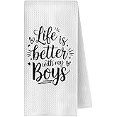 ChenCraty Mom Gifts Kitchen Towels, Life is Better with My Boys Dish Tea Towels for Kitchen Decor, Funny Best Mother's Day Birthday Gifts for Mom from Sons Hand Towels for Bathroom Decor, 16x24 Inches