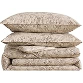 Puralens Beige Floral Duvet Cover, King Size 100% Cotton Percale Shabby Flower Print Chic Bed Cover Set, Soft Crisp Zipper Reversible Comforter Cover Set, Luxury Vintage Cottage Toile Bedding, 3Pcs