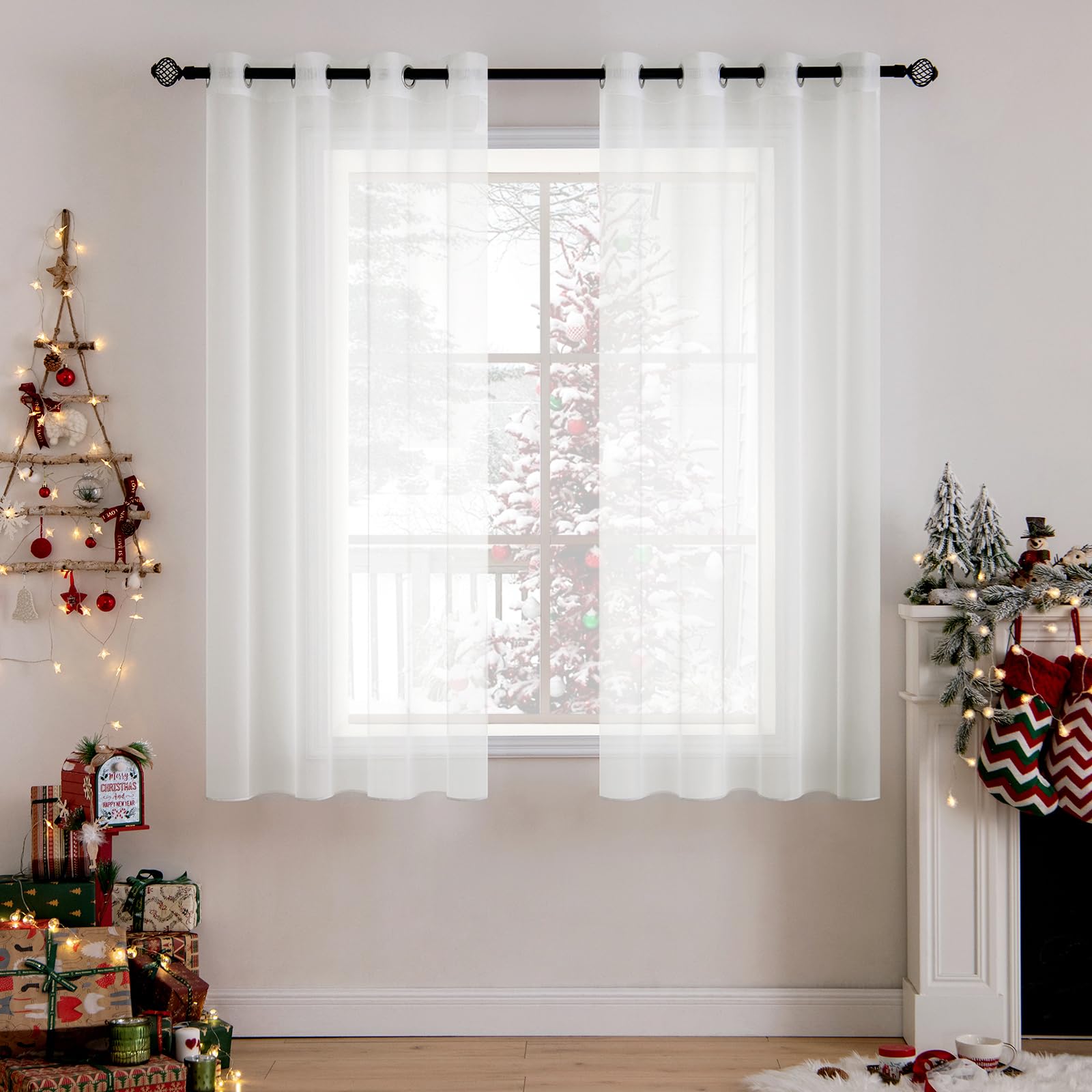 MIULEE Christmas Curtains 2 Panels Solid Color Sheer Window Curtains Smooth Elegant Window Voile Panels/Drapes/Treatment for Bedroom Living Room 55" Wx63 L Ivory, Grommet Top — image 1