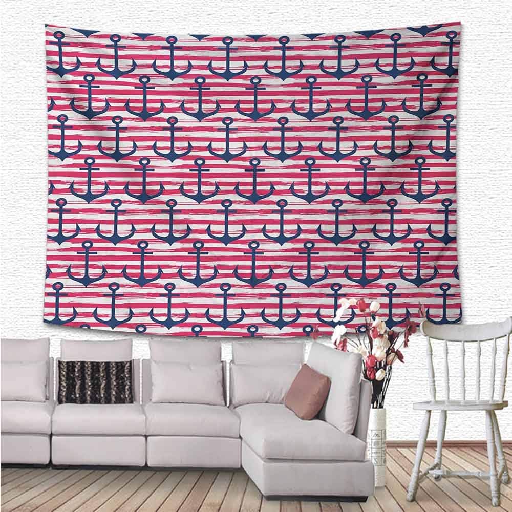 Harbour Stripe Tapestry Microfiber, Blue Anchors on Horizontal Paintbrush Stripes Marine Graphic Wall Decor for Living Room, 90"x60", Dark Blue Magenta White (230cmx150cm)