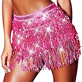 Kesvb Sequin Skirt Sparkly Fringe Skirt Belly Dance Skirt Halloween Rave Outfits Costume for Women