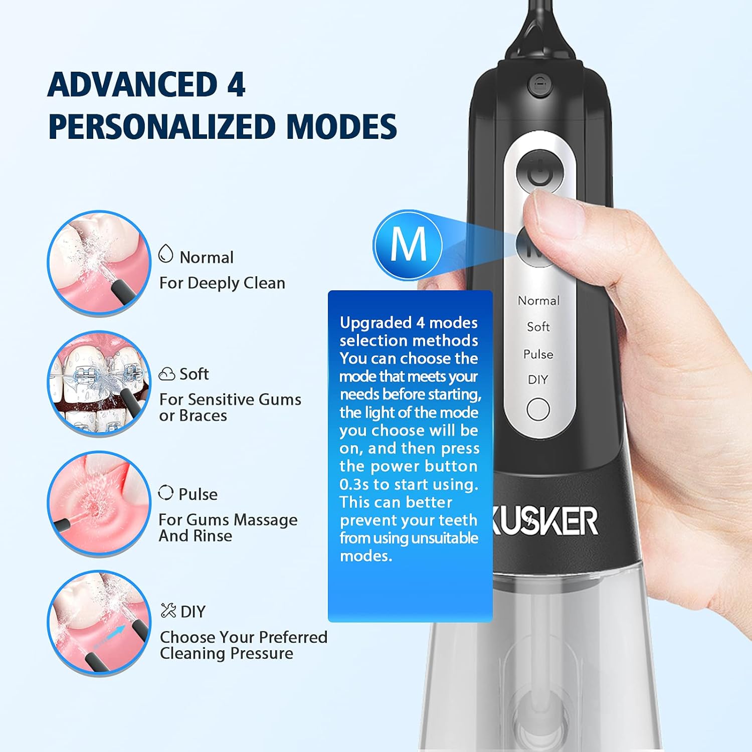 Water Flosser Cordless, KUSKER Portable Dental Oral Irrigator for Teeth, 4 Modes and 4 Jet Tips, IPX7 Waterproof, Rechargeable for 30-Days Use, Home, Travel, Braces, Bridges Care: Health & Personal Care