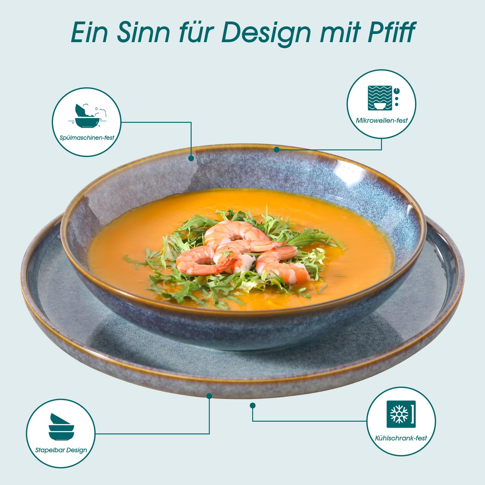 Geschirrset 6 Personen, vancasso PLAYA 24tlg Reaktive Glasur Steingut Tafelservice 6 Personen Modern, Beinhaltet Schüssel, Suppenteller, Dessertteller, Speiseteller, Spülmaschinenfest, Lavendelblau 5