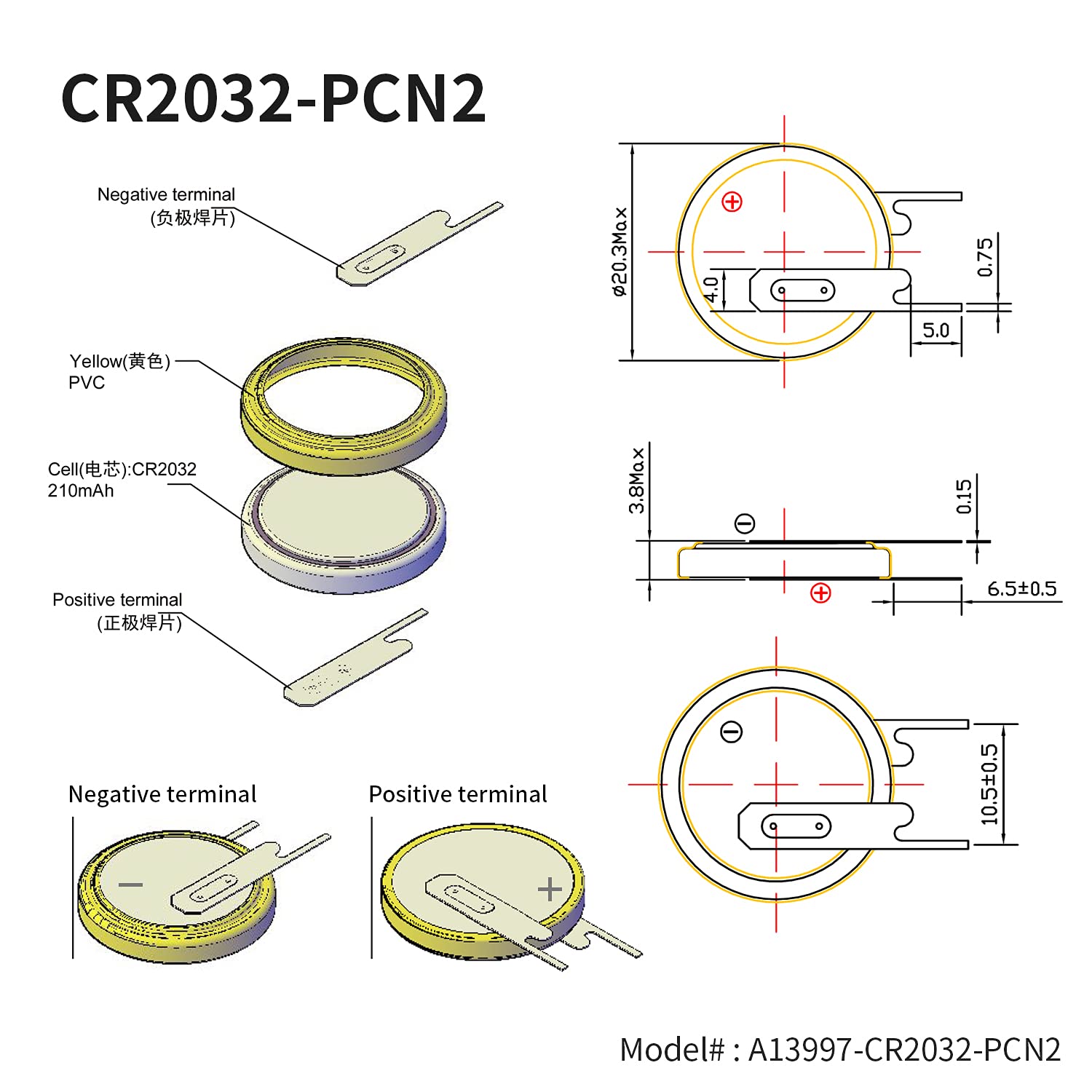 EEMB 10PACK Tabbed CR2032 Battery with Solder Tabs 3V Lithium Battery 2032 Coin Cell Lithium Batteries with PCN Tabs for Sensor Radio Gameboy Battery Replacement