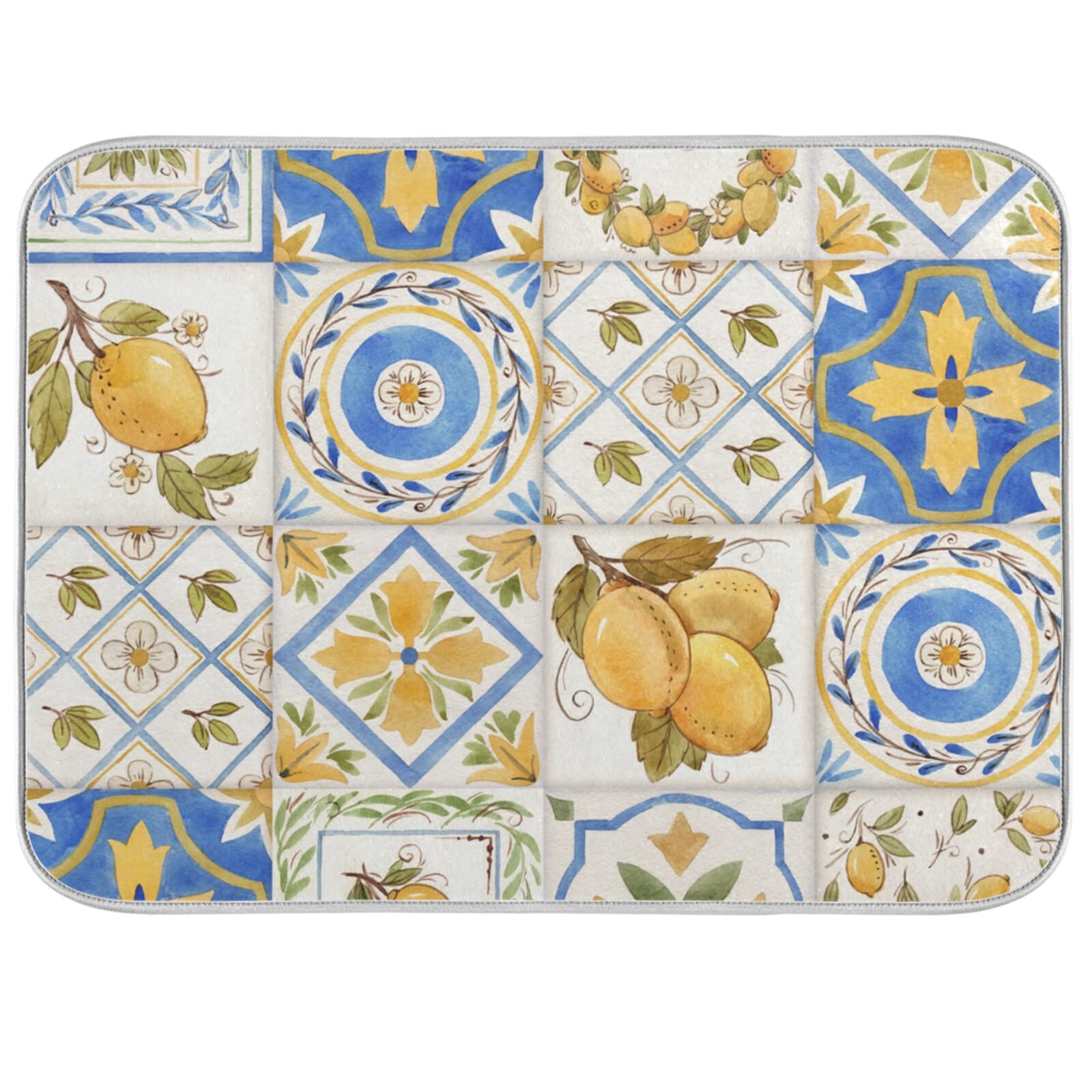 Absorbent Dish Drying Mat Vintage Watercolor Sicily Lemons Dishes Drainer Protector Pad Trivet Mat Pot Holder with Hanging Loop for Kitchen Countertops Sinks Refrigerator 46 x 60 CM
