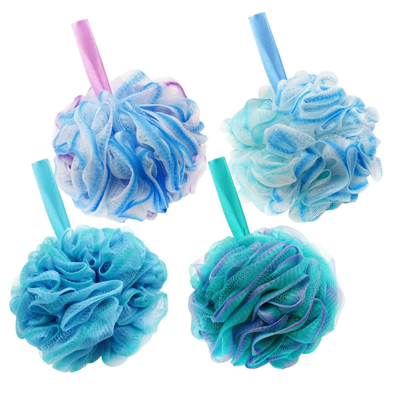 Shower Puff Loofah, 4 Pcs Extra Large Bath Sponge with Mesh Build - Body Scrubber for Exfoliate and Cleaning, 75g/PCS, Multicolor