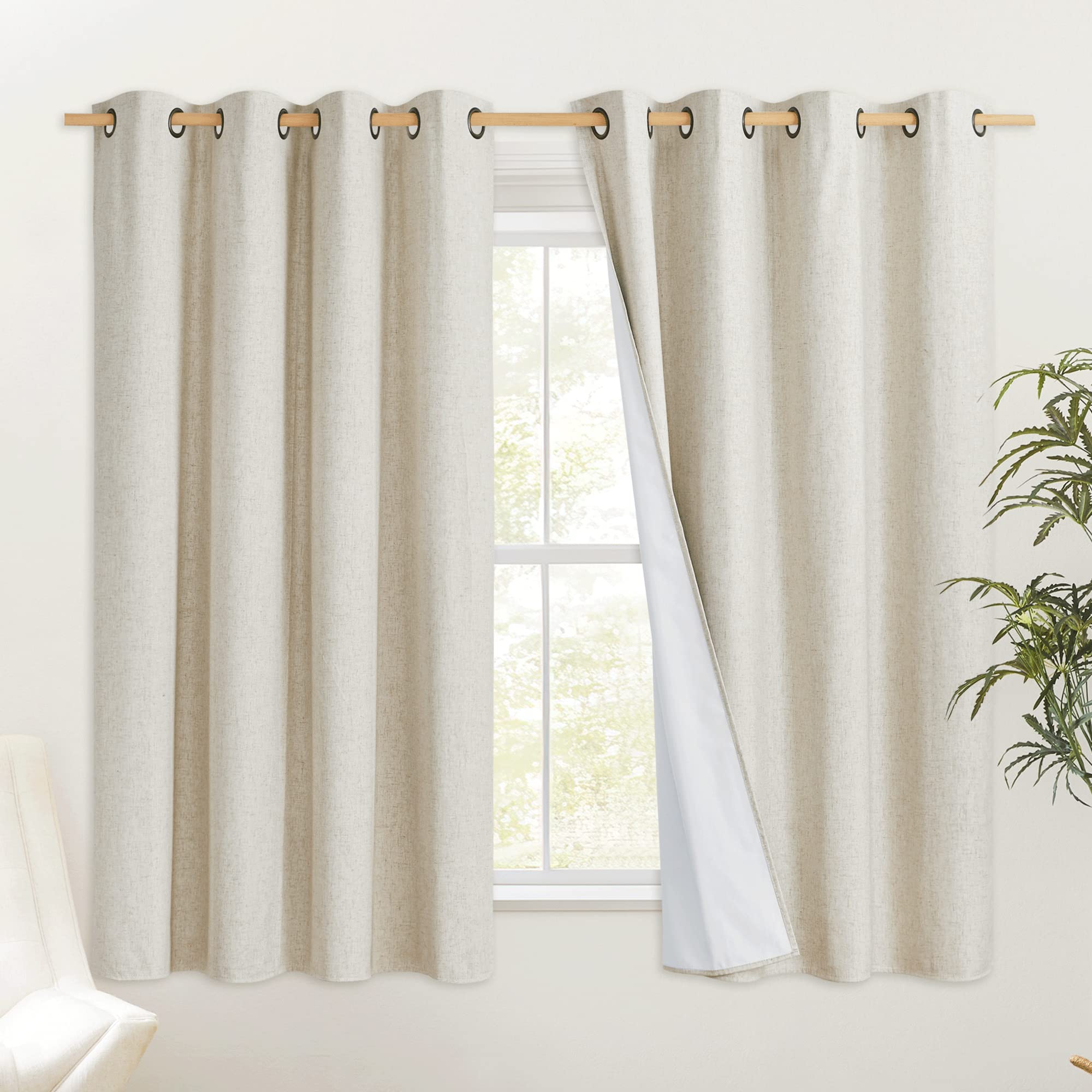 PONY DANCE 100% Blackout Natural Thermal Insulation Grommets for Bedroom Faux Linen Curtains with White Lining Privacy Curtains for Home Decoration W 117 x L 183 — image 1