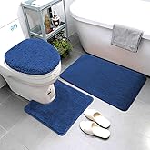 Smart Linen 3 Piece Bathroom Rug Set Includes Bath Rug, Contour Mat and Toilet Lid Cover, Machine Washable, Super Soft Microfiber & Non Slip Bath Rugs with Rubber Backing Solid (Navy Blue)