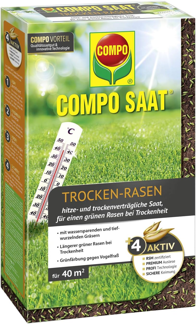 Compo Saat Trocken Rasen Hitze Und Trockenvertragliche Saat Fur Trockene Und Sonnige Standorte 1 Kg 40 M Amazon De Garten