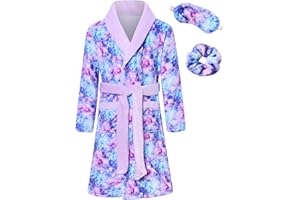 Funnycokid Girls Robe with Matching Sleep Mask Scrunchie for Kids 6-13 Years