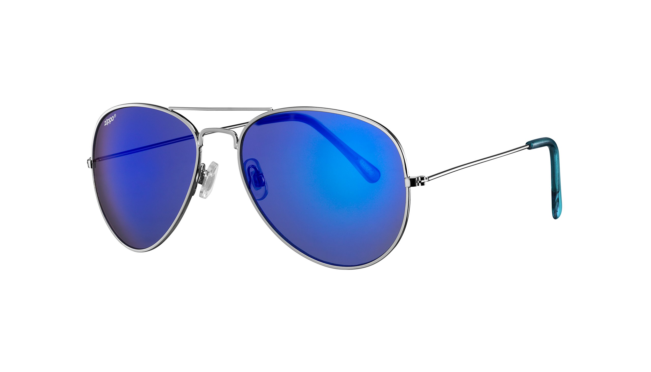 Zippo Eyewear - Flash Pilot Sunglasses - UV400 Protection - Zippo Logo - Adult Unisex - Made in USA - Silver Frame, Multilayer Blue Lenses, Blue Temple - Silver