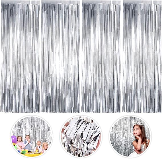 Tinsel Curtains, 4 Pack Silver Foil Fringe Shimmer Curtain Tinsel