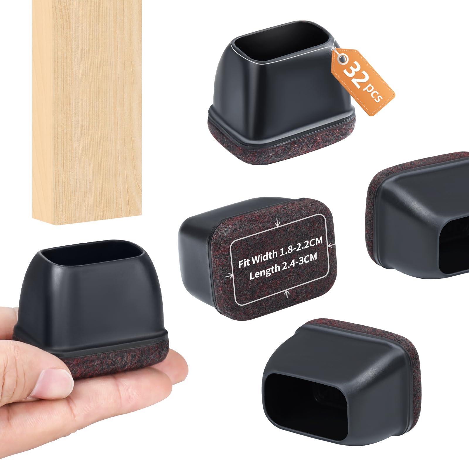 32PCS Chair Leg Floor Protectors, Rectangle Chair Leg Protection Caps, Small Black Silicone Chair Leg Covers with Felt Pads for Hardwood Floors, No Noise No Scratches