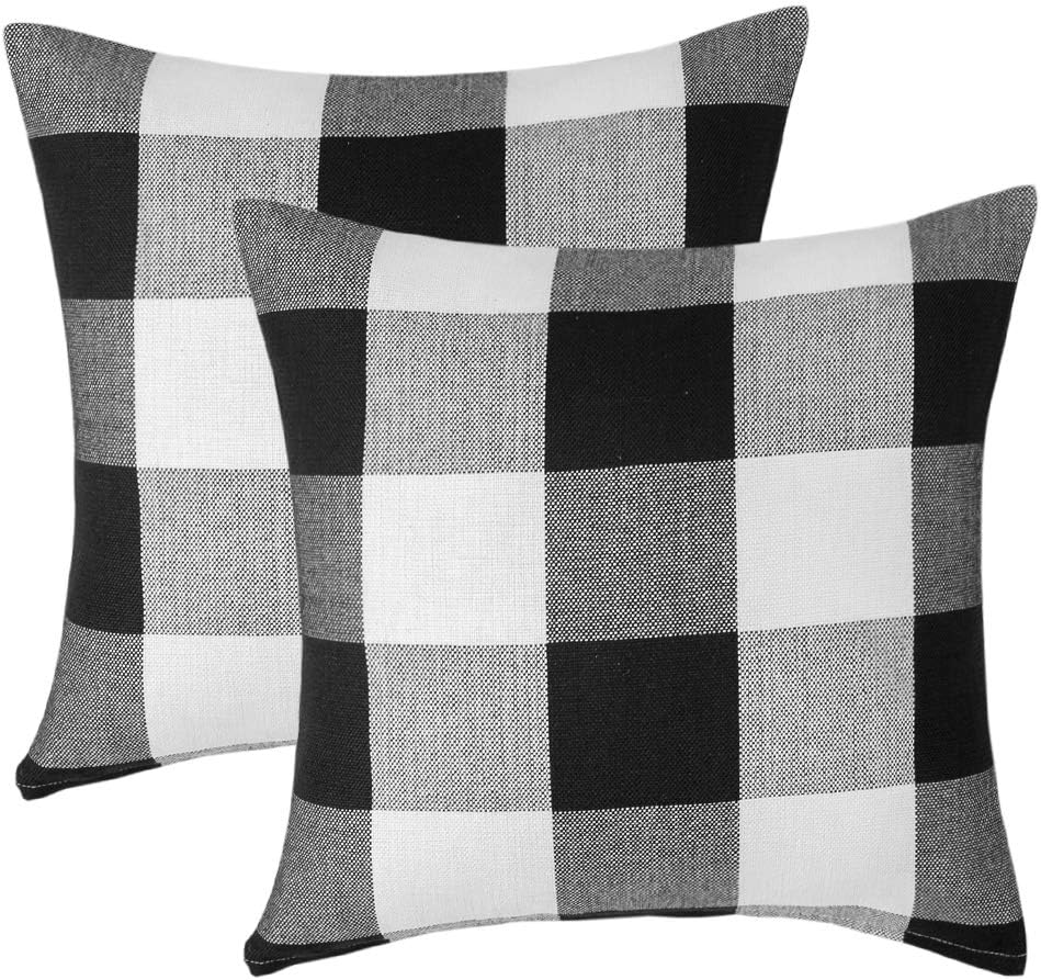 Vanky Set of 2 Buffalo Check Plaid Pillows Farmhouse Decor Christmas Pillow Covers Fall Outdoor Pillows Outside Porch Pillows Cotton Linen Throw Pillow Covers Black White 18 x 18 Inches
