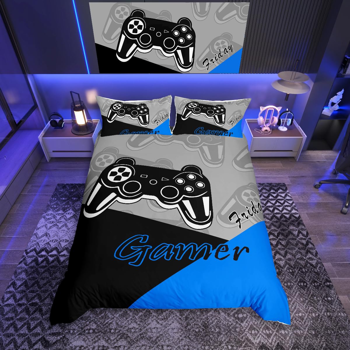 Homemissing Gamer Duvet Cover Set for Boys Teens Game Bedding Set,Video Game Home Player Gaming Bedding & Linen Set Kids Toddler 3Pcs Black Blue Grey (Super King) — image 1